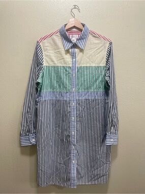 Jones New York Striped Multi-Color Longline Button-Up Shirt - Blue/Green